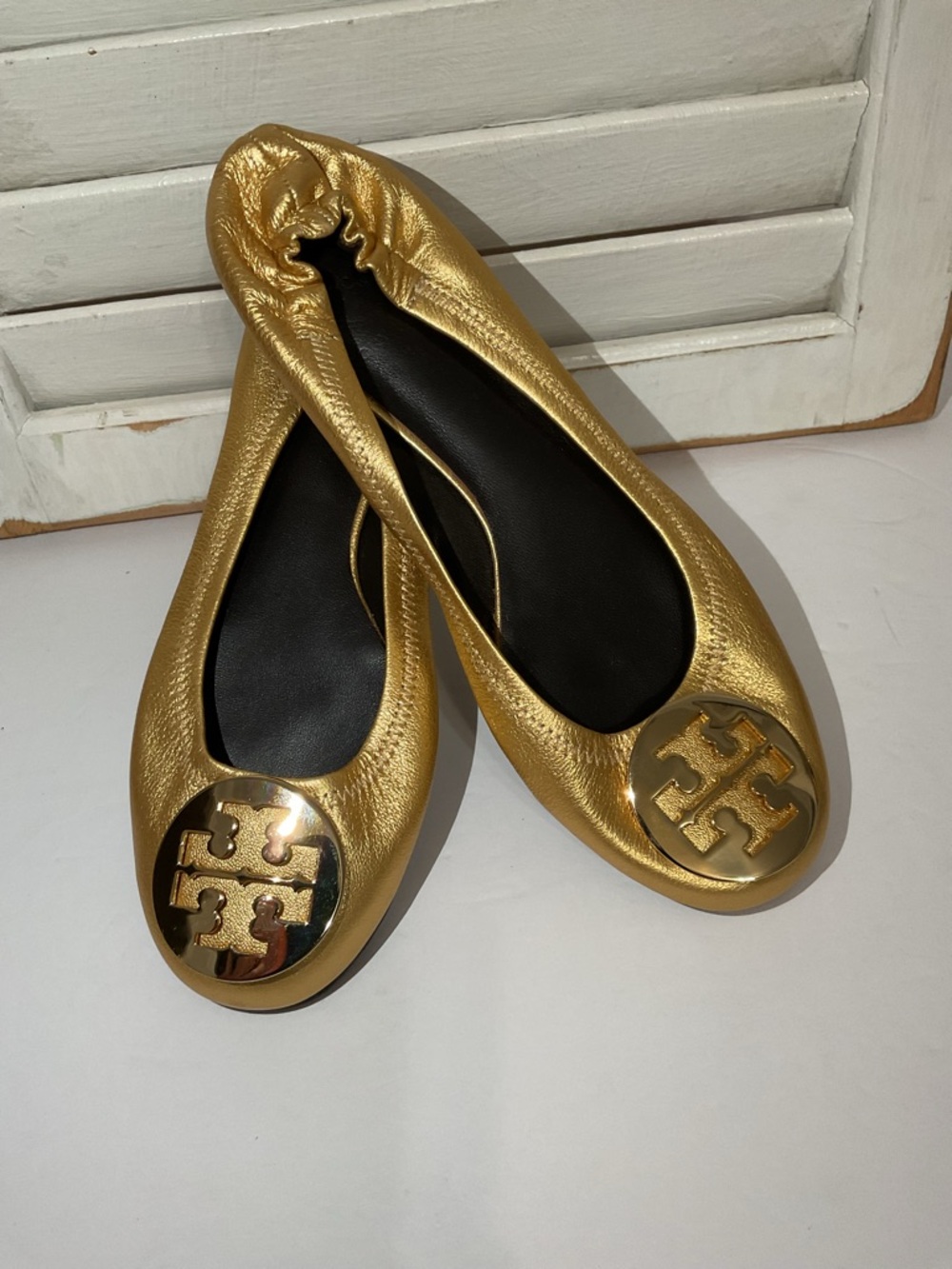 Tory Burch Metallic Gold Logo Ballet Flats